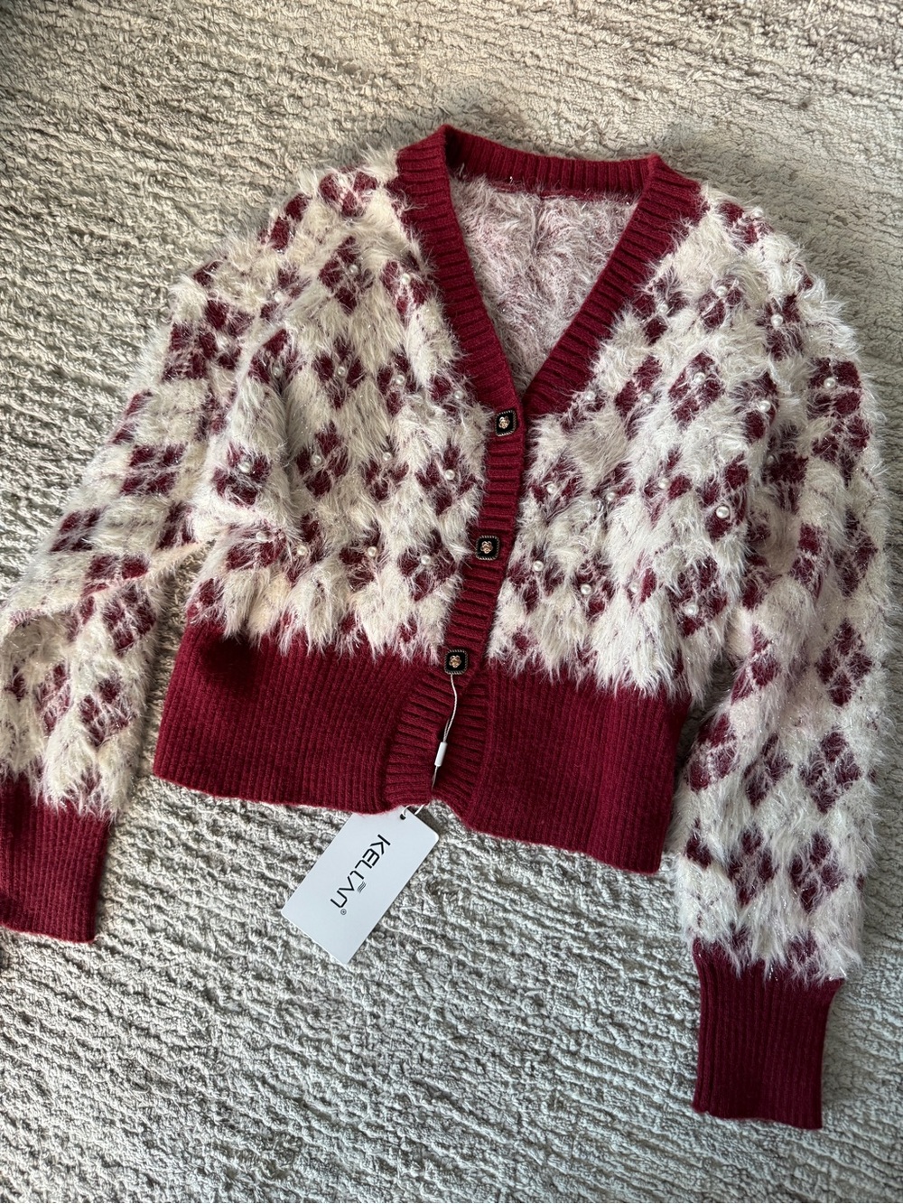 Cozy Fuzzy Knit V-Neck Cardigan - Red and Cream